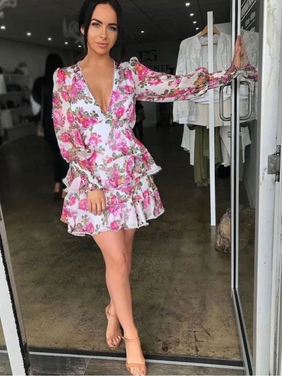 Keepsake Oblivion Tiered Mini Dress Size XS White Pink Floral - Picture 6 of 15